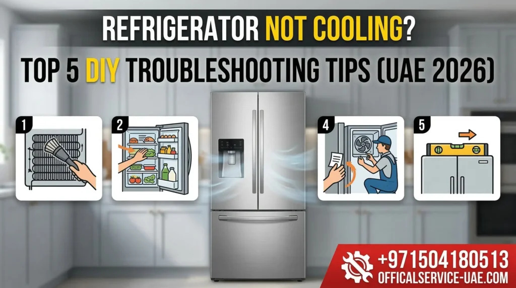 A professional featured image for Offical Service Center, titled "REFRIGERATOR NOT COOLING?", with large text for the "TOP 5 DIY TROUBLESHOOTING TIPS (UAE 2026)". It illustrates five key maintenance steps (cleaning coils, proper loading, door seal test, diagnosing fans, and leveling) alongside a modern stainless steel refrigerator and the contact info +971504180513.